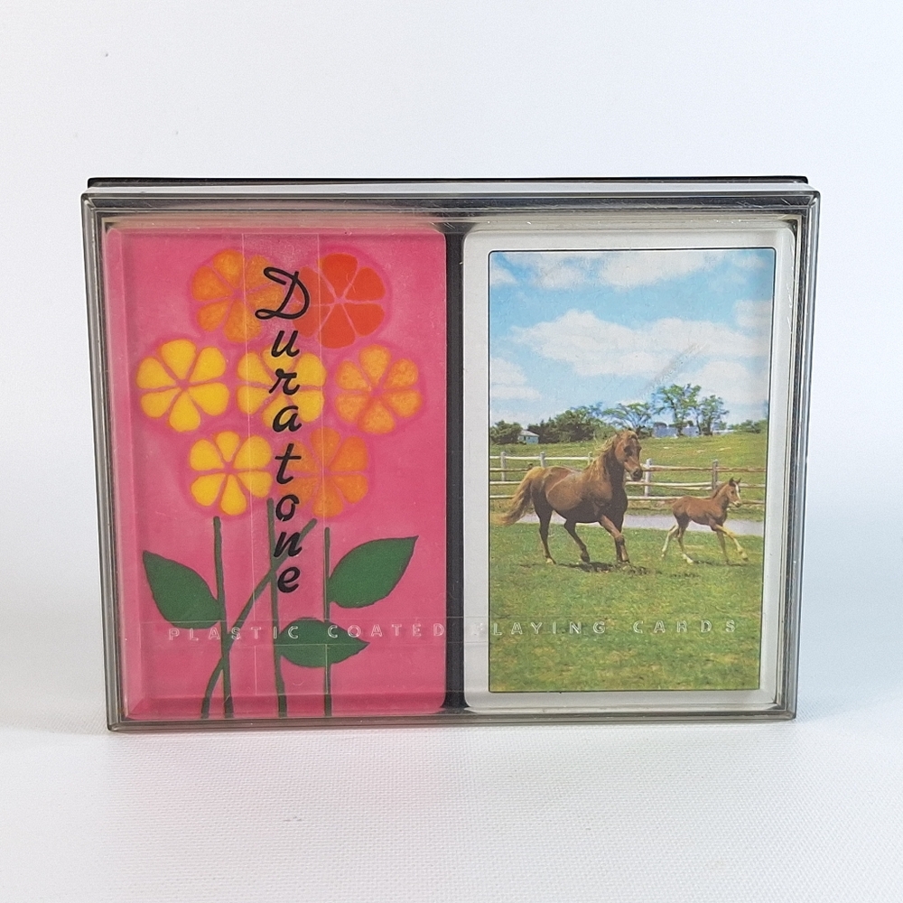 2 Vtg Playing Cards in Case Decks US Playing Card Co Horses Flowers